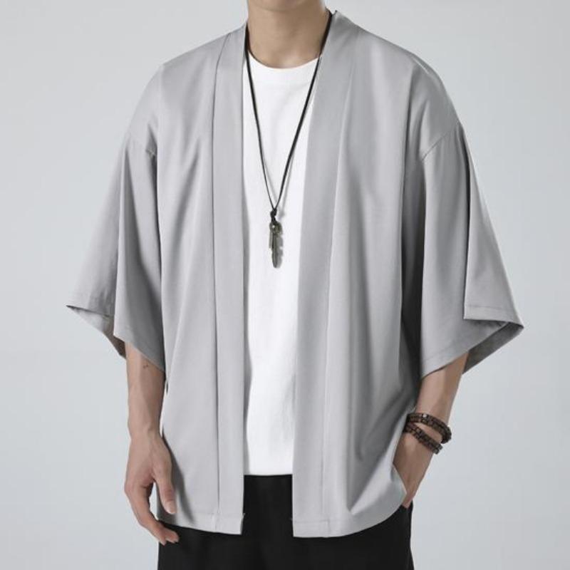 Cămașă pentru bărbați Kimono în stil japonez Costum de samurai de culoare solidă Haine asiatice Cardigan trei sferturi Cămașă pentru bărbați