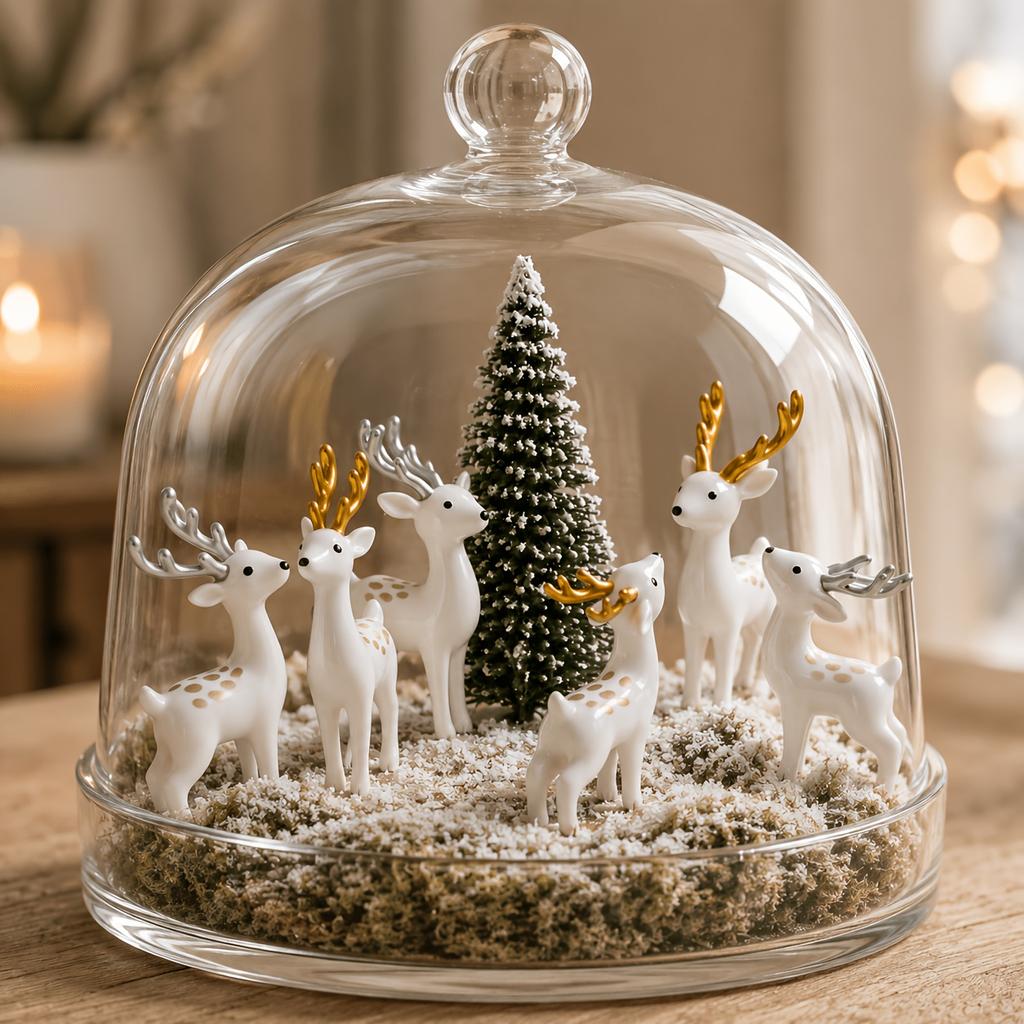 3pcs Christmas Deer Figurines Set Woodland Style Tabletop Decorations with Snowy Tree Holiday Ornaments for Living Room Office Desk Shelf Home Decor