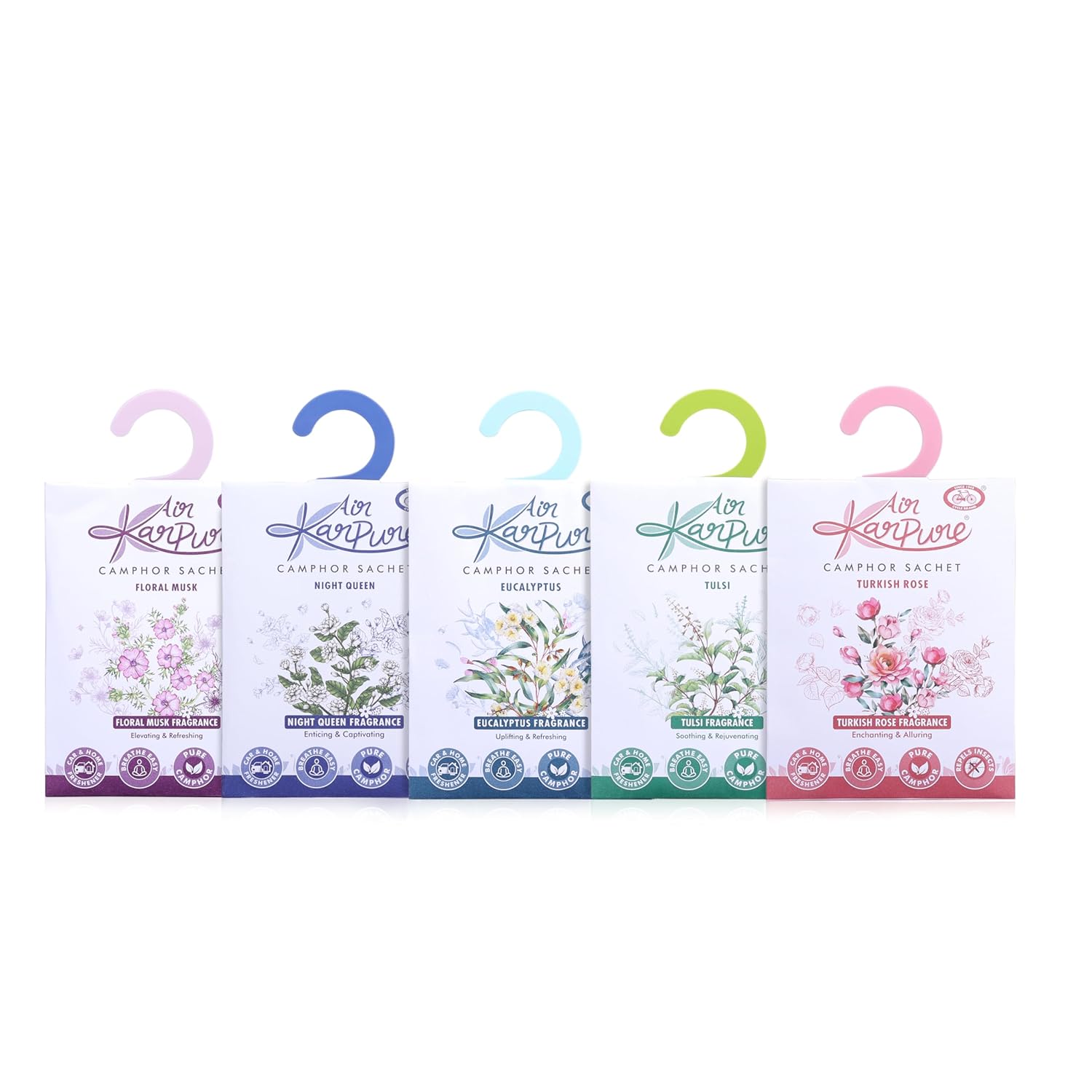 

Cycle Pure Karpure Камфорные саше Упаковка из 5 штук Освежитель воздуха для дома Гардероба Ванной комнаты Турецкая роза, Ночная королева, Тулси, Цветочный мускус, Эвкалипт