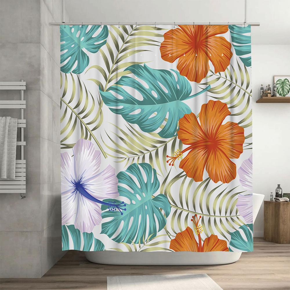 Modern Bathroom Shower Curtains with Bright Floral Design Waterproof Fabric for Bathtub Decoration in Blue Green Orange White Pu
