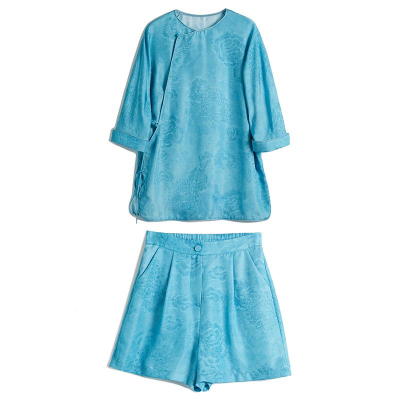 Women's High-End Chinese Style 100% Pure Mulberry Silk Ribbed Jacquard Top & Pants Set