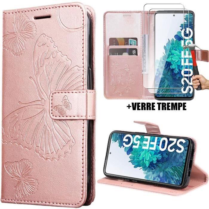 Coque - BOOLING - pour Samsung Galaxy S20 FE - Cuir Synthétique Rose - Motif Papillon - Fermeture Magnétique