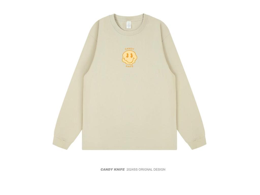 Trendy Retro Hong Kong Style Printed Couple Cuffed Sleeve Loose Long Sleeve T-shirt