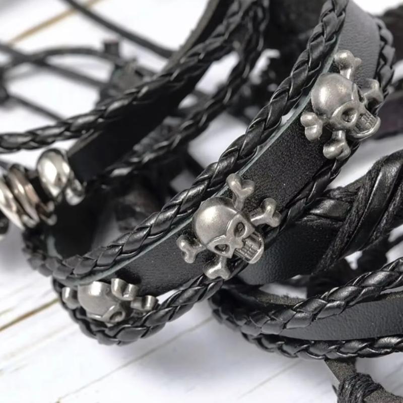6pcs/set Black Color Punk Style Skulls Stars Handmade Leather Bracelets for Men and Women Personalized Trendy Party Jewelry