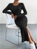2025 Autumn/Winter Bestseller: European and American Women's Long-Sleeved Round Neck Slit Knit Dress.