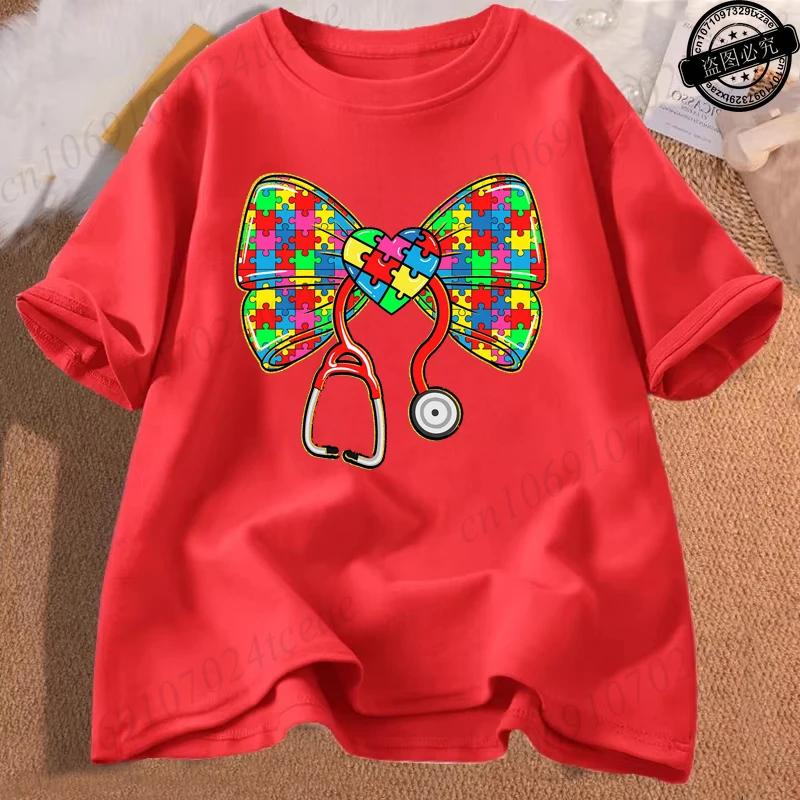 Cotton Breathable Childrens Tshirt Summer New Color Bow Cartoon Print Casual Parentchild Outfit Unisexs and Womens Tops
