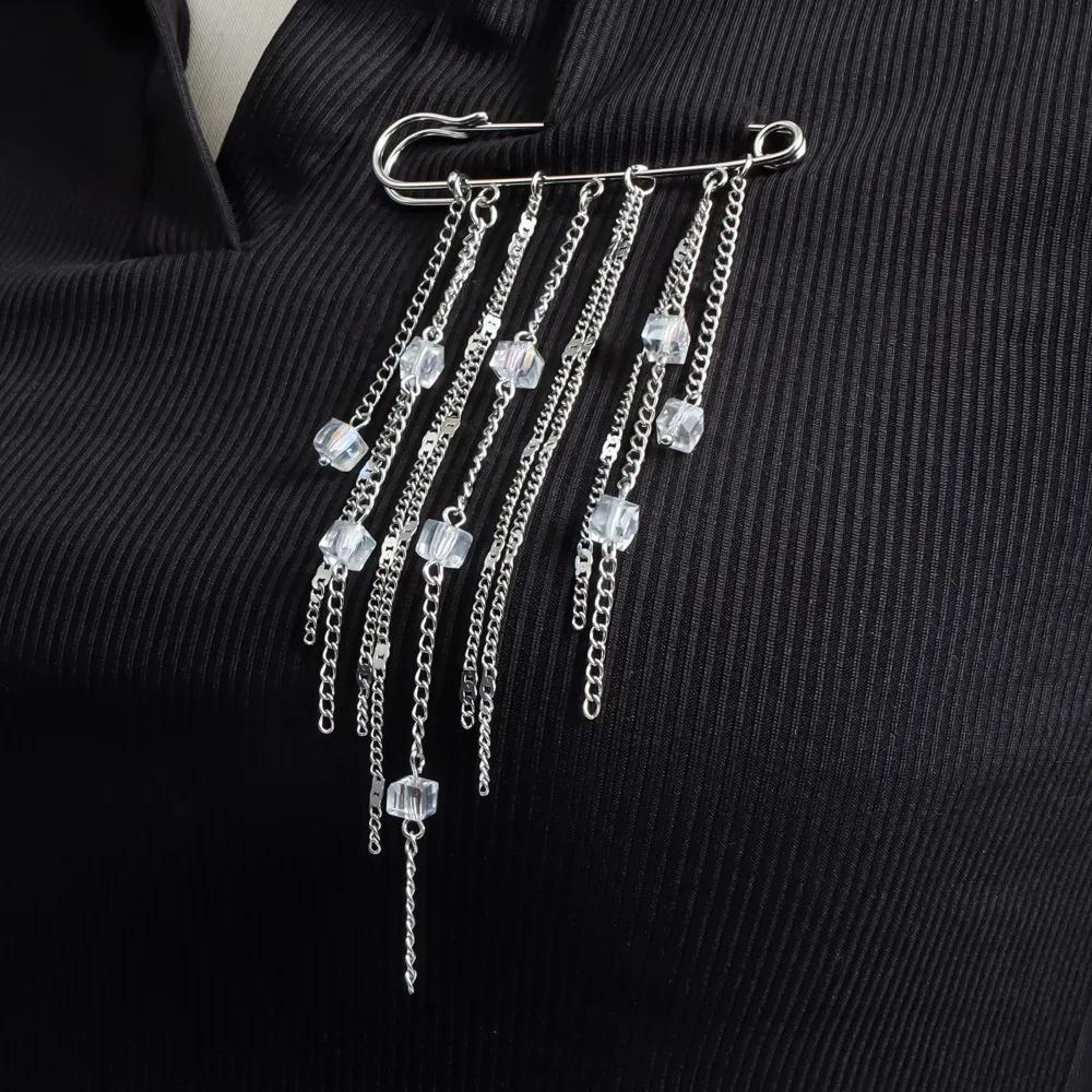 Hip Hop Trendy Imitation Pearl Tassel Chain Brooches for Men Women Waist-shaping Fixed Pin Accessory Multi-functional Jewelry