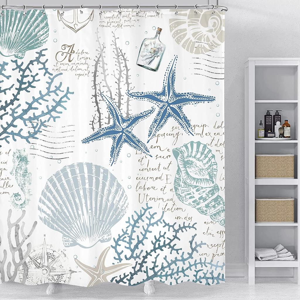 Nautical Coastal Shower Curtains Starfish Seashell Coral Reef Tropical Ocean Beach Marine Life Fabric Bathroom Decor with Hooks