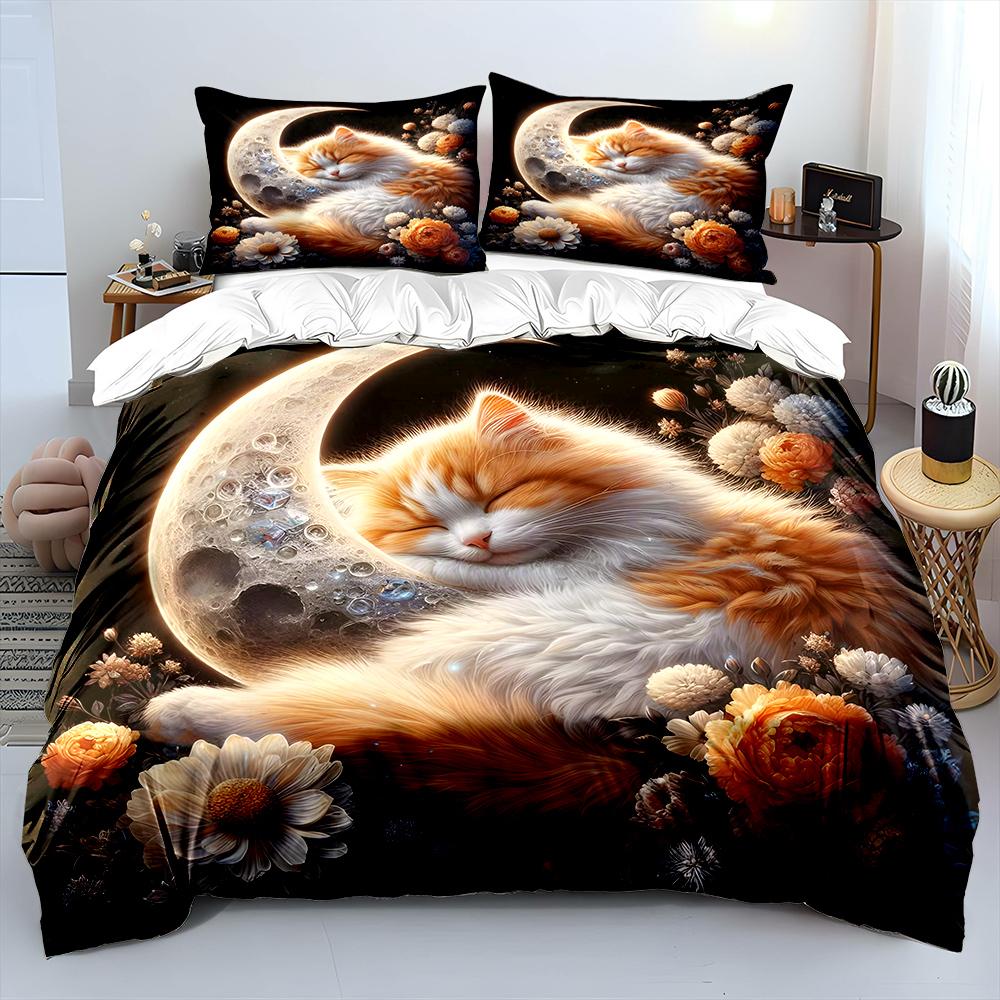 Cat sleeps on moon and flowers Print Soft Comfortable Duvet Cover Bedding Set Included 1*Duvet Cover 2*Pillowcases Luxury gifts