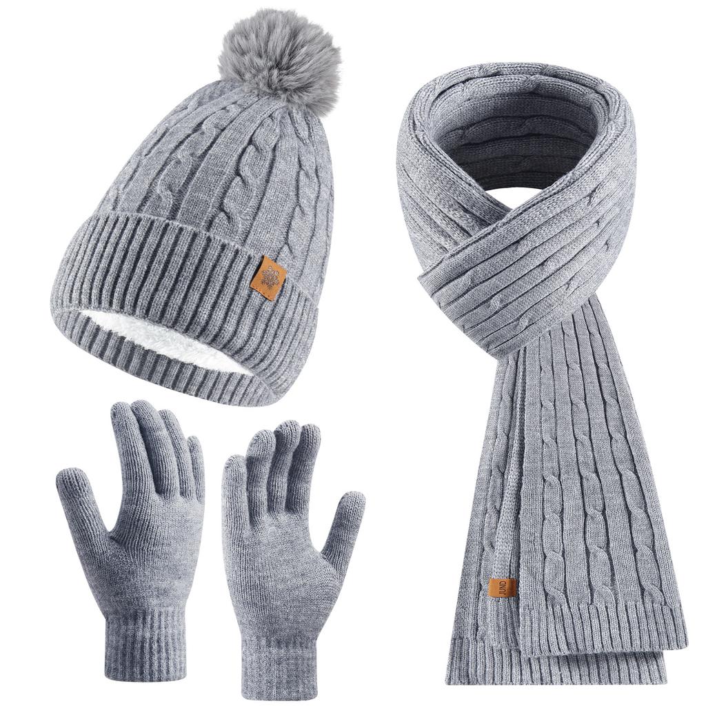 Knitted Hat Scarf Gloves Set Women's Winter Double Layer Plus Velvet Thick Outdoor Warm