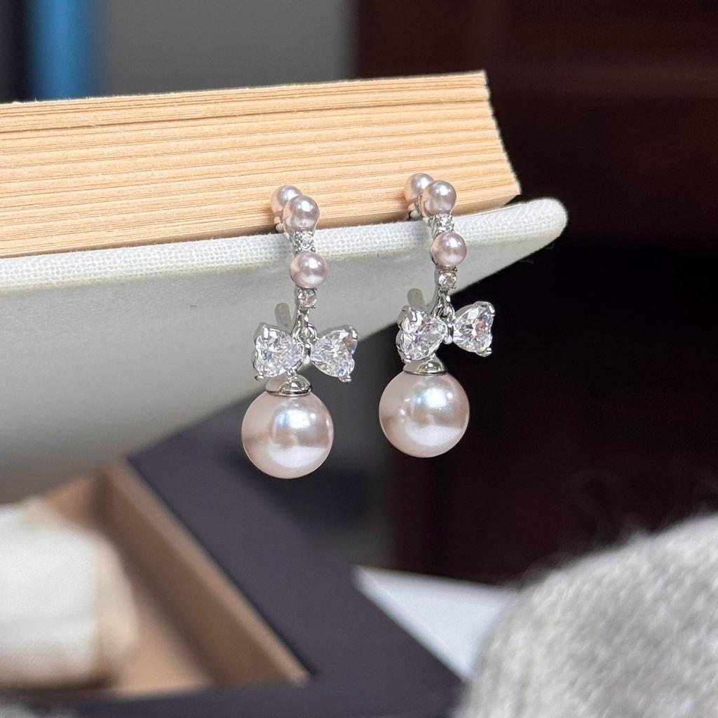 S925 Silver Needle Manta Rose Pearl Bow Pendant Earrings Premium Niche Design