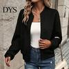 Comfortable Women Workwear Fall Winter Zip-Up Jacket, Solid Color Long Sleeve Casual Jacket Outwear, Round Neck Autumn Coat with Ribbed Collar
