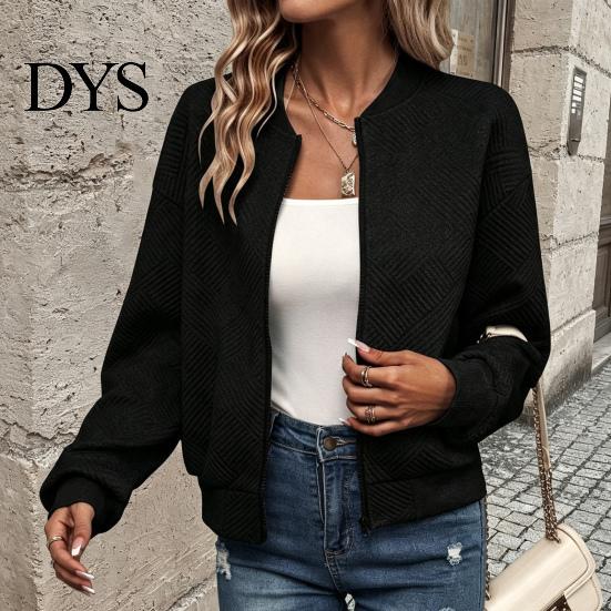Comfortable Women Workwear Fall Winter Zip-Up Jacket, Solid Color Long Sleeve Casual Jacket Outwear, Round Neck Autumn Coat with Ribbed Collar