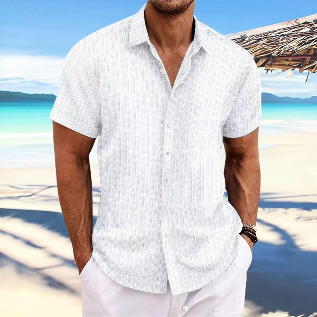 Men's Casual Striped Jacquard Cotton Linen Short-Sleeve Shirt