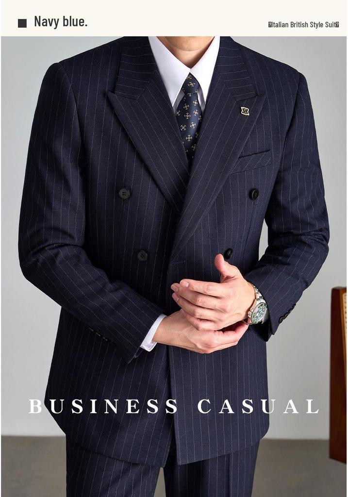 Men's Old Money Double-Breasted Striped Suit Set - Business Casual, High-End Professional Attire for Formal or Wedding Events
