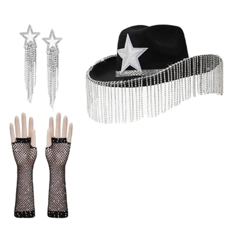 

Western Cowboy Hat ArmSleeves for Bridal Shower Cowgirl Earrings Costume Set Lady NightClub Dress Up Masquerades Suit чорний