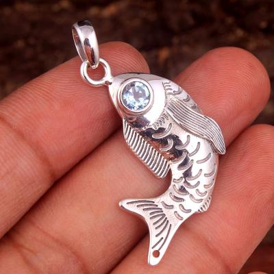 Reiki Pendant, Crystal Healing Pendant, Faceted Blue Topaz Gemstone 925 Sterling Silver Fish Pendant