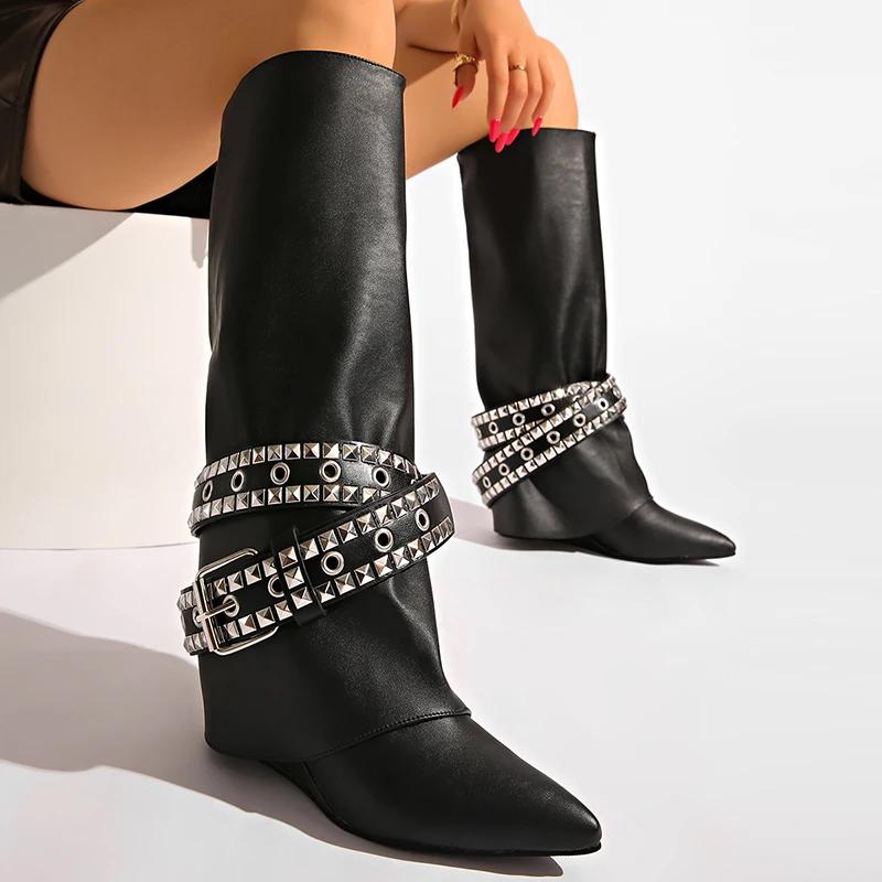 Fashion Rivets Belt Decor Black Long Boots for Women Punk Style Pointed Toe Knee High Boots Woman Fashion Wedges Pu Leather Botas 35-42