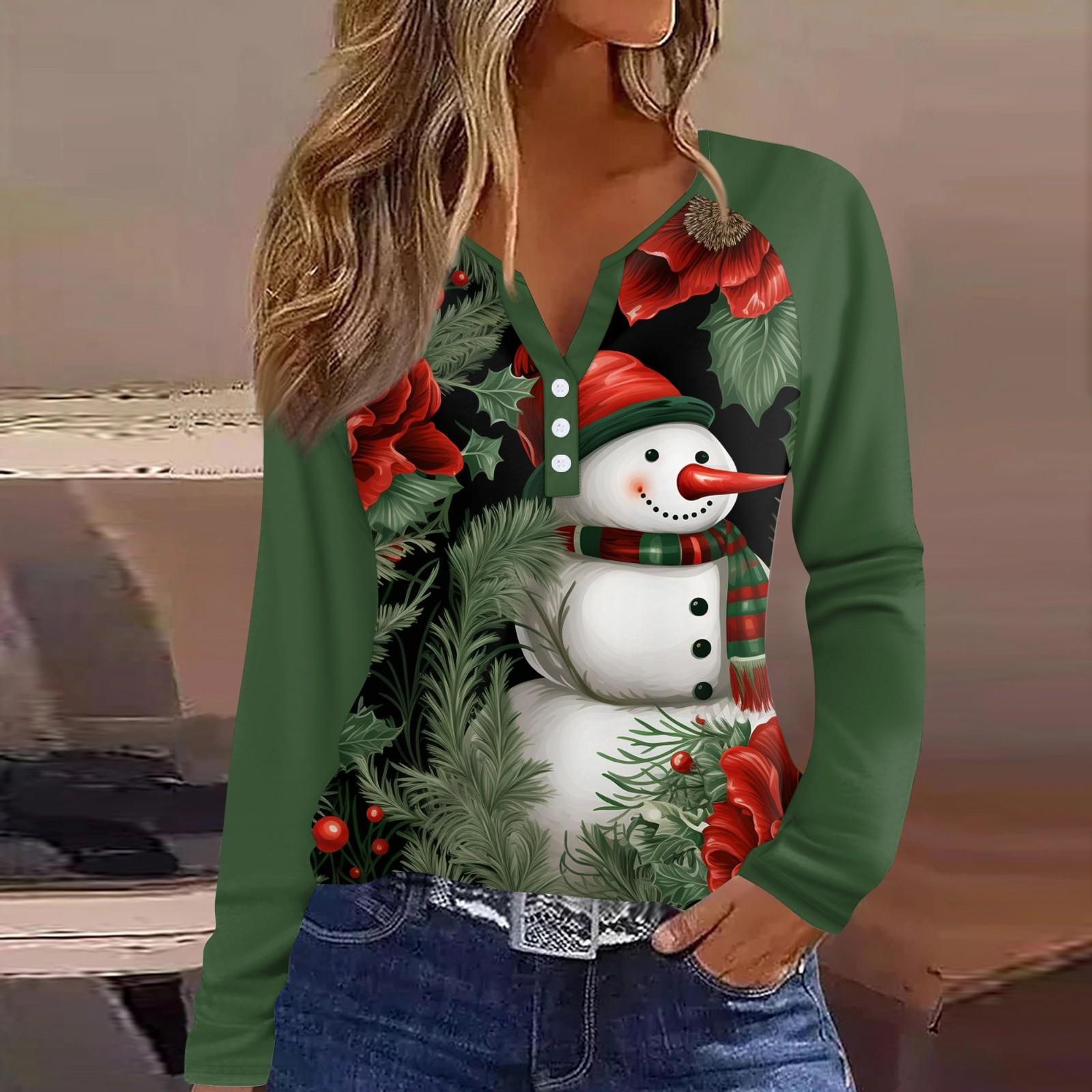 

Женская мода повседневная рождественская печать V-образный вырез рукава реглан с декоративными пуговицами длинный рукав футболка топ XXL