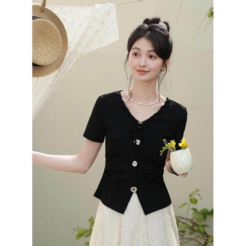 Lu Xiangnan Women s V-neck Slim Fit Short Sleeve T-Shirt M