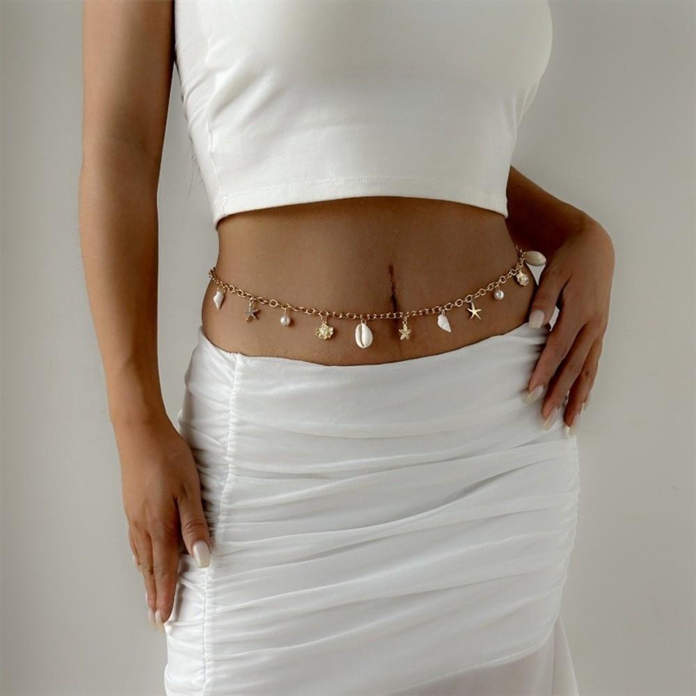 Shell Imitation Pearl Body Chain Multi-pendant Beads Belly Chain Starfish Waist Chain Party