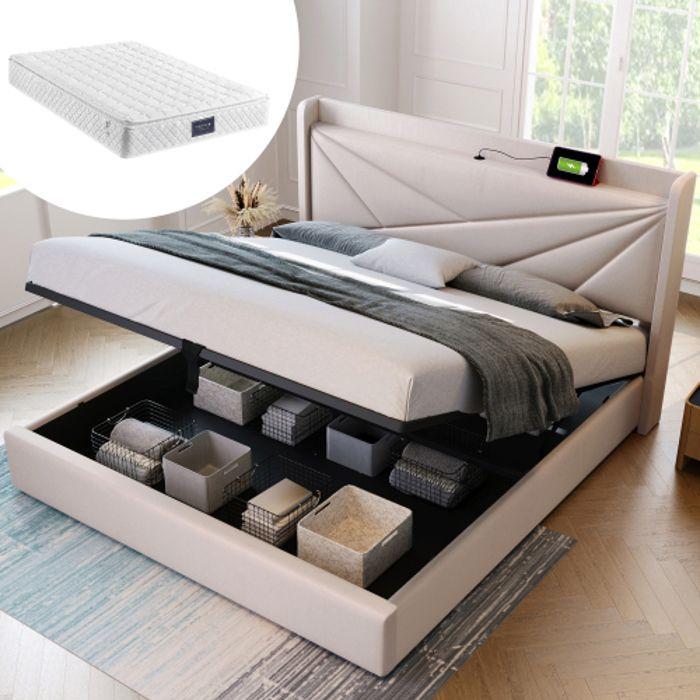 Lit Double - MUVOE - 160x200 - Tête De Lit Avec USB Type C - Cadre En Métal - Matelas Inclus