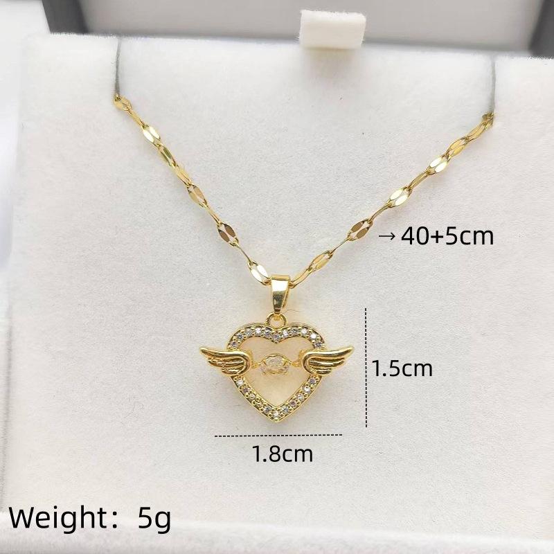 1 Pcs Love Heart Angel Wings Copper Pendant Necklace Steel Clavicle Chain Gift Women's Girls' Elegant Accessories