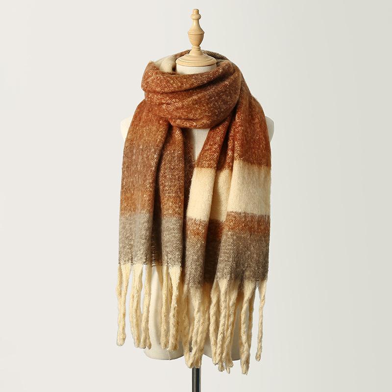 Color matching striped fringed scarf women's autumn and winter high-end mohair color warm versatile scarf shawl