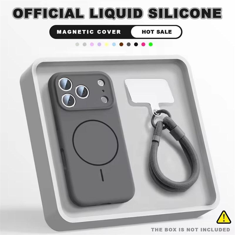 Magnetic Wrist Strap Liquid Silicone Phone Case For iPhone 12 13 16 17 Pro Max Air 15 14 16 Plus 16E Magsafe Lanyard Cover