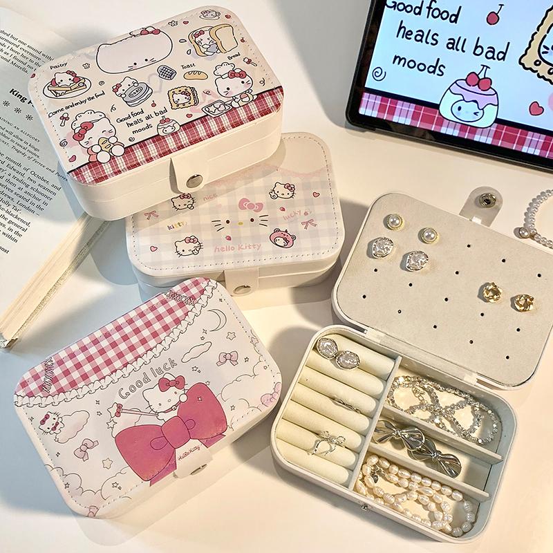Adorable Hellokitty Jewelry Display Organizer Boxes Portable Earrings Necklace Storage Box Double-layer Girl Hairclip Storage Case