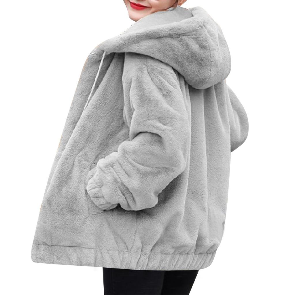 Plush Faux  Hooded Pocket Jacket For Women's Loose Plush Long Sleeved Women's Top