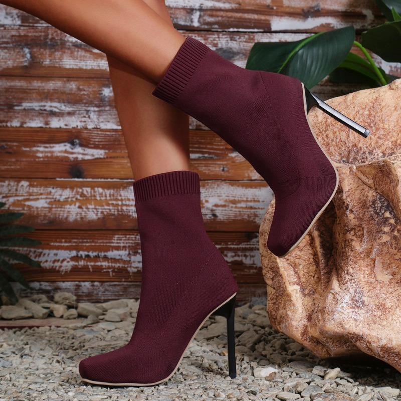 Fashion Women's Thin Heel Single Boots Autumn New Pointed Knitted Cloth Cover Foot Anti-slip Wear-resistant Short Boots
