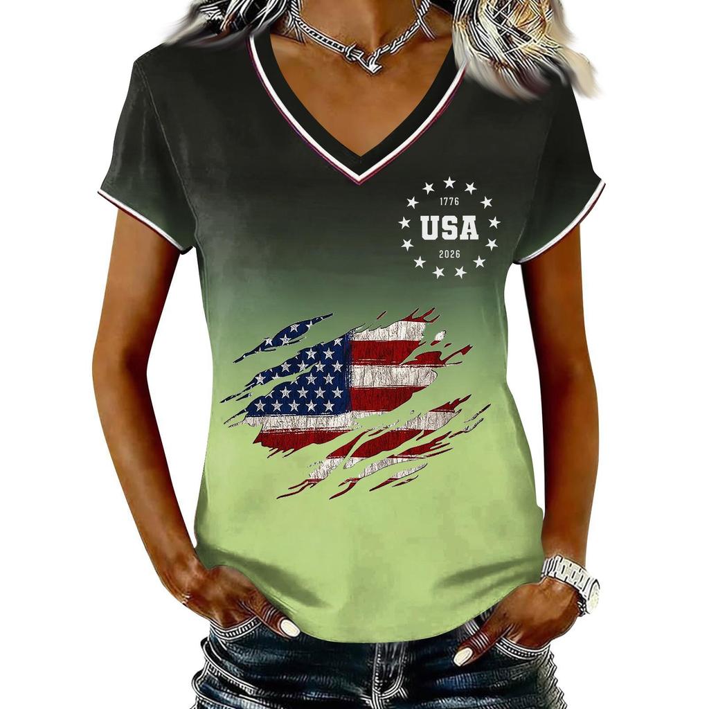 T-shirt Pull Col V Manches Courtes Décontracté pour Femme Imprimé Patriotique Dégradé Haut Jour de l'Indépendance T-shirt Graphique Drapeau USA
