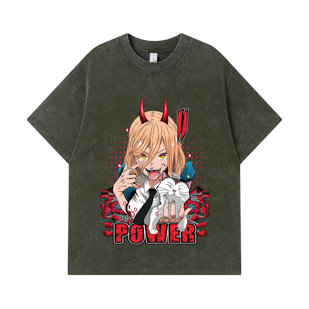 275 GSM Washed T-shirts 100% Cotton Chainsaw Man V51 Power Print Unisex Heavy Cotton T Shirt