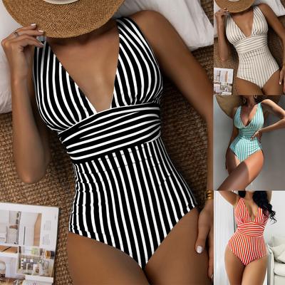 2023 Gestreept Eendelig Badpak Vintage Badkleding Dames V-hals Baden Zwempak Vrouwelijk Zomer Strandkleding Bodysuit