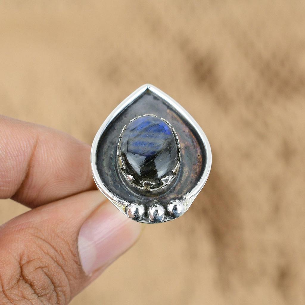 Natural Labradorite Gemstone Multi Stone Adjustable Ring 925 Silver For Women