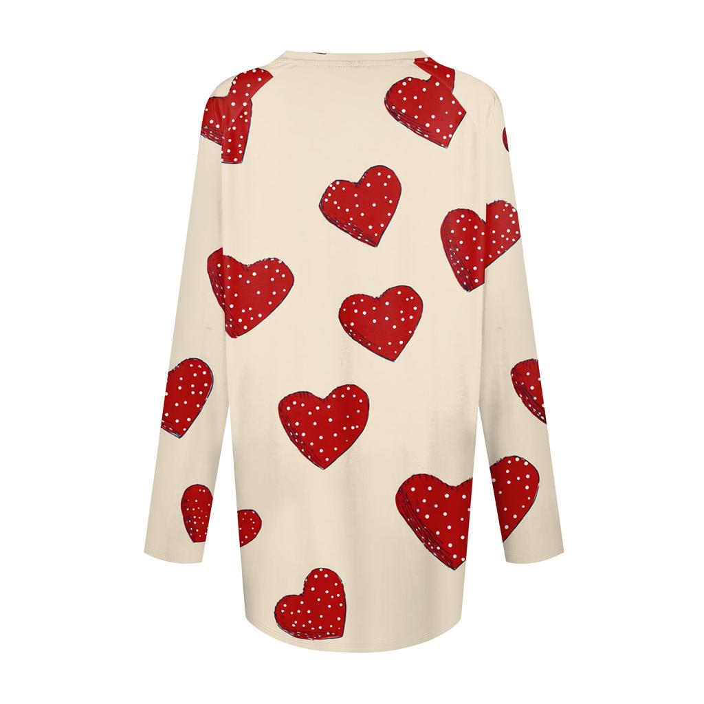 Women's Fashionable Casual Long,Sleeved Valentine's Day Print V,Neck Mid,Length Top