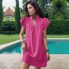Summer Women Loose Dress Solid Color Standing Collar Lotus Leaf Sleeve Elegant Casual