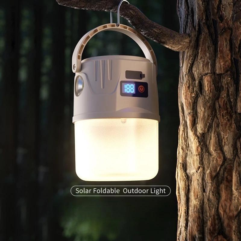 Long Endurance Camping Light Solar Powered Supports Type-C Charging Digital Display Outdoor Tent Light Emergency Light Hook