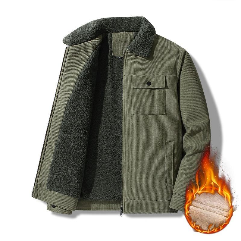 Corduroy Work Jacket for Winter Men's Plush Thickened Lamb Velvet Collar Jacket for Middle-aged and Elderly Cotton Clothing