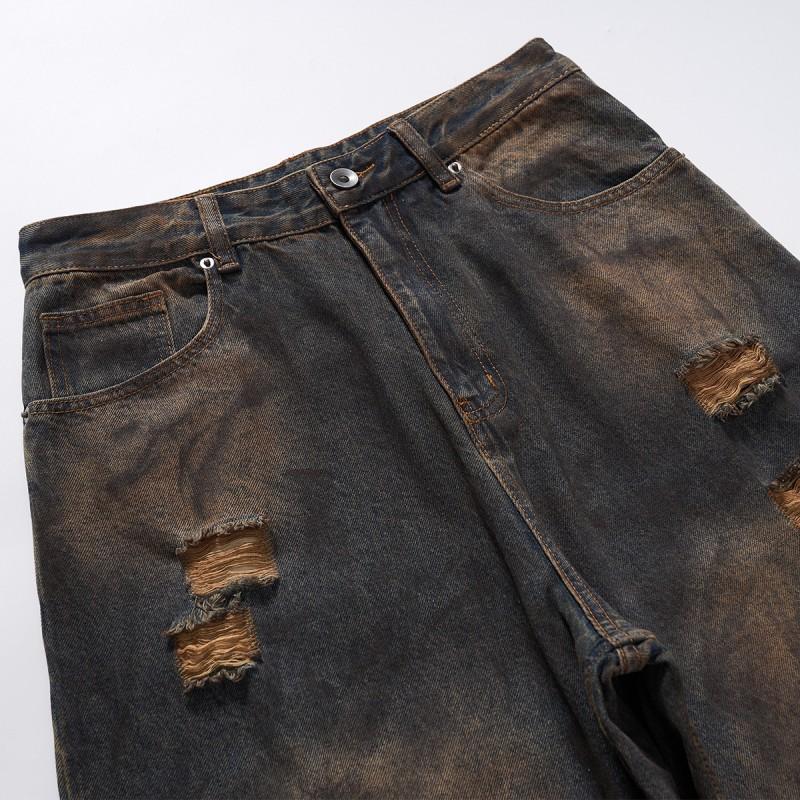 Mens Vintage Washed Distressed Wide Leg Low Rise Jeans With Hand-Painted Details Raw Hem