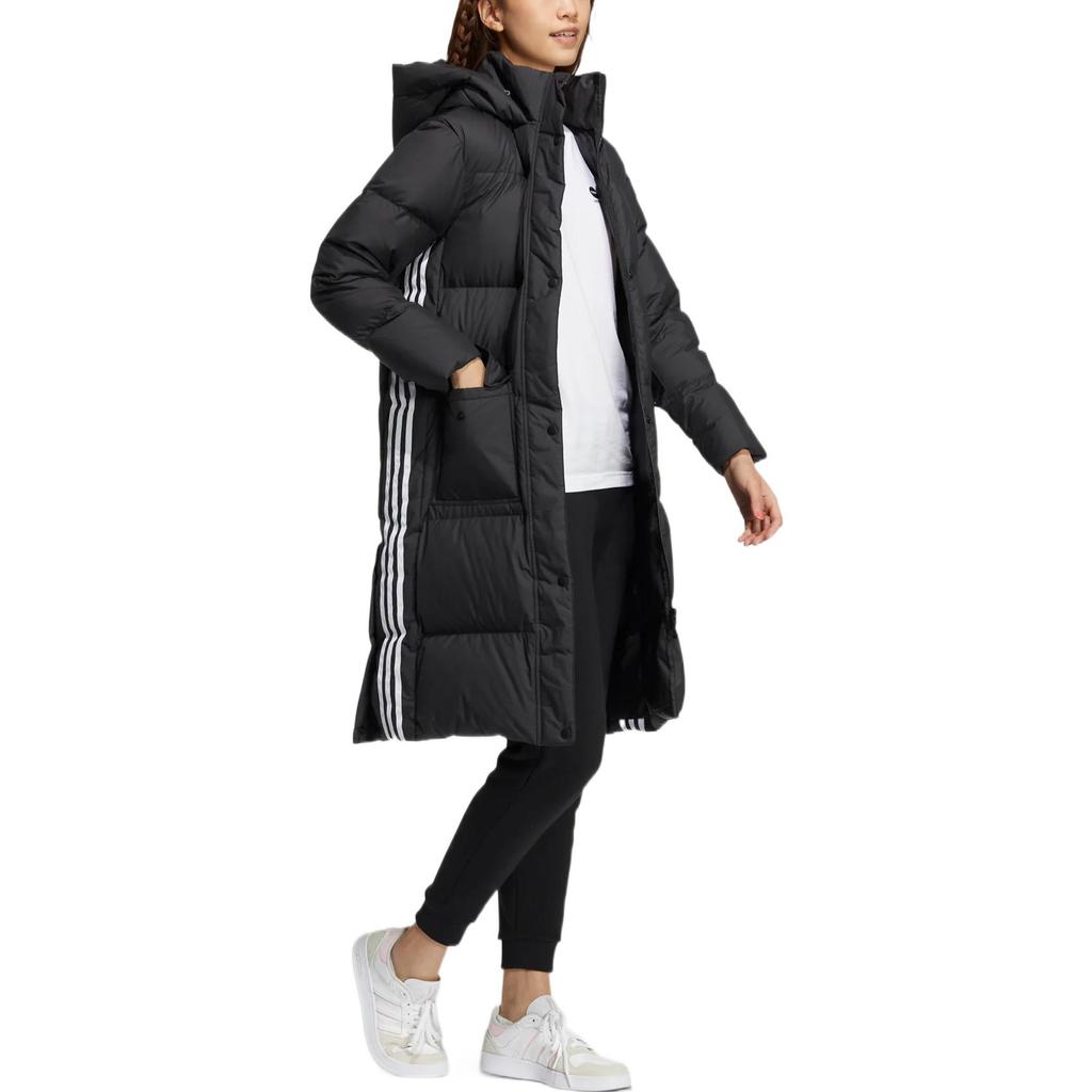 Adidas Neo Logo Print Striped Pattern Zip-Up Hooded Down Jacket Women Outerwear Black HN2442