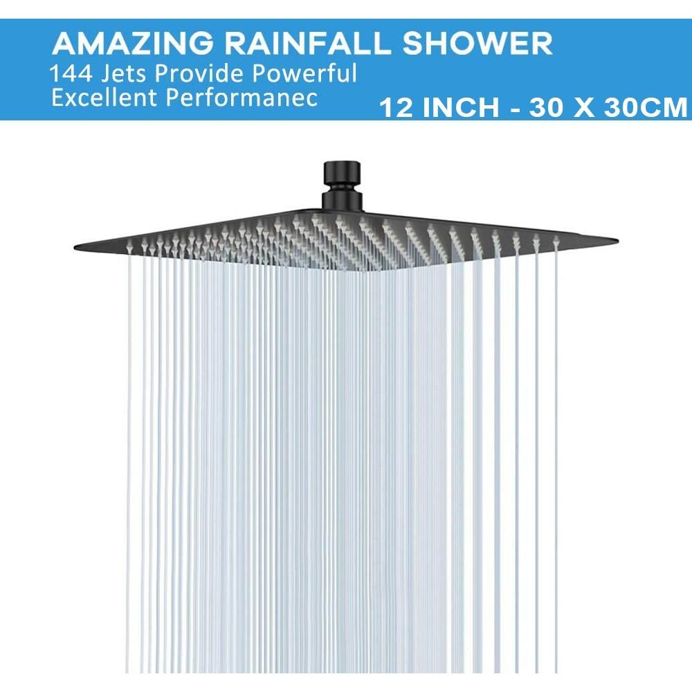 8"/10"/12" Large Rainfall Black Shower Head 304 Stainless Steel Square Rain ShowerHead Full Body Coverage Shower Set