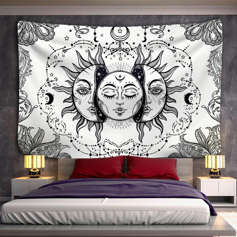 Bohemia Mandala Tapestry Sun and Moon Tapestry Wall Hanging Tarot Hippie Wall Rugs Room Dorm Decor Blanket Black and White Color 100X70CM
