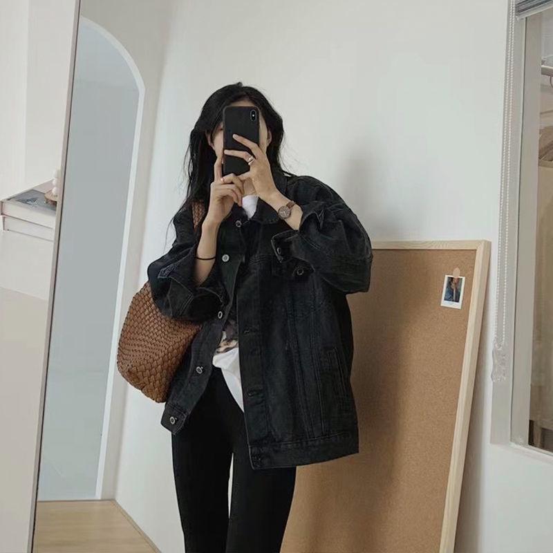 

2022 Женская Свободная Джинсовая Куртка - Корейский BF Стиль Весенняя Шикарная Короткая Куртка с Карманами Small древесный уголь/серый
