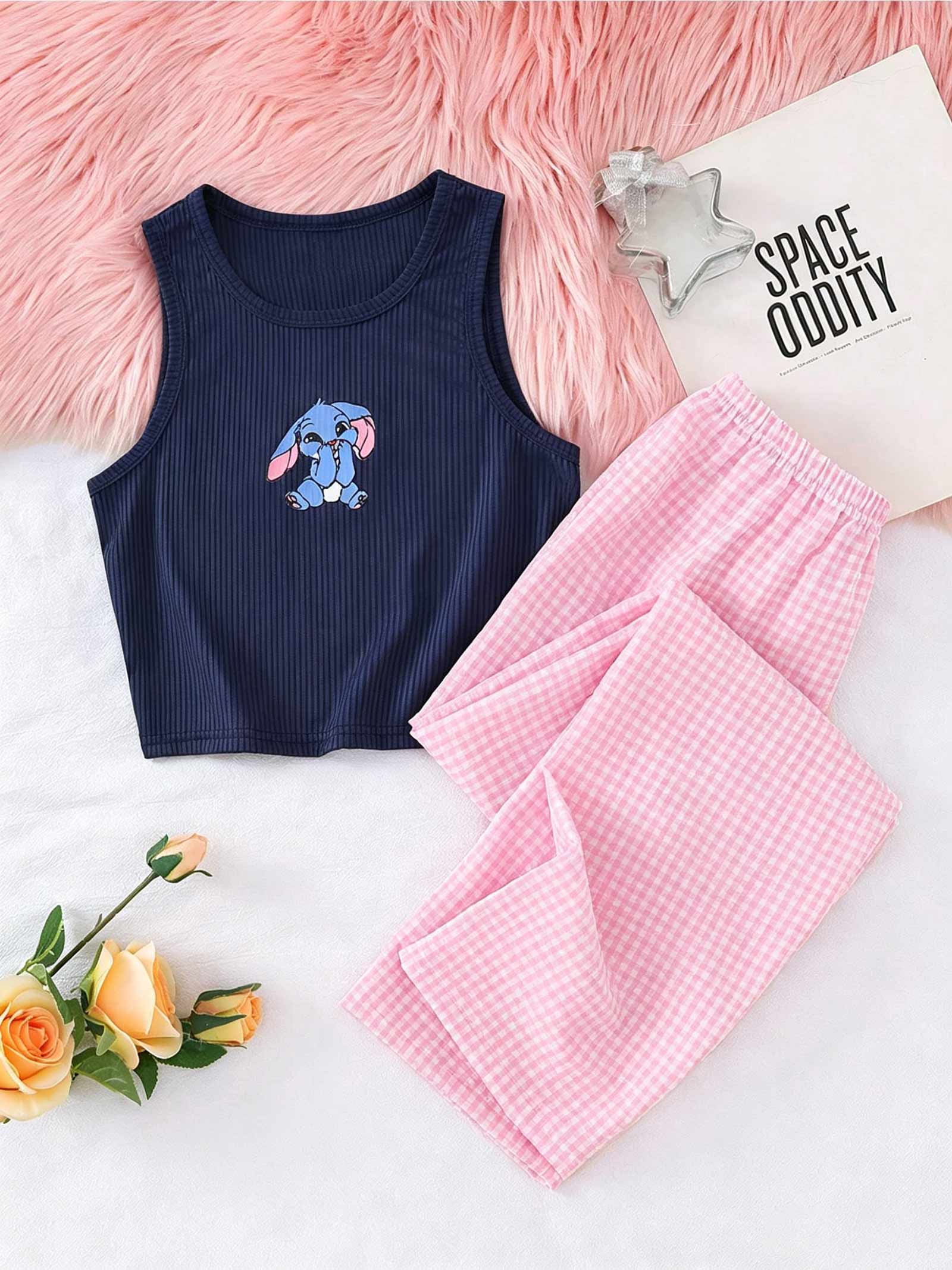 Girls Pajama Set, Sleeveless Cat Print Tank Top & Plaid Pants, Soft Ribbed Loungewear Sleepwear for Kids 8-12 Years 8Y синий