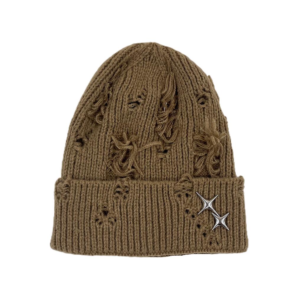 Autumn and Winter Warm Hat Women's Versatile Star Decoration Hole Knitted Hat Warm Ear Protector Wool Hat Men