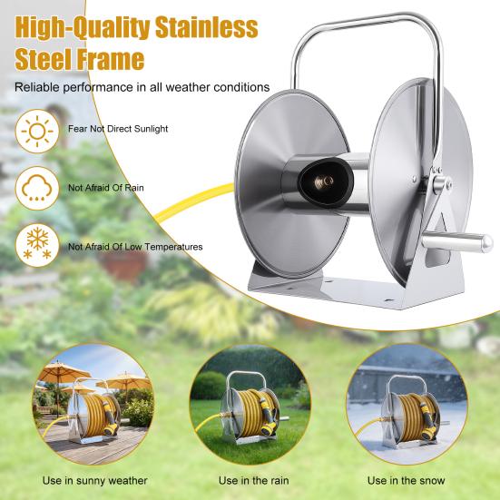 Water Hose Reel Stainless Steel Garden with 6.5ft Leader Pipe, Wall/Floor Mounted Metal Wall Mount Crank Handle, Holds 5/8" X 75ft or 1/2" 130ft