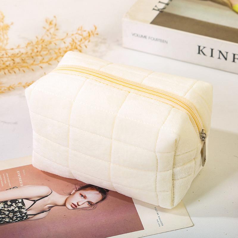 1Pc Cosmetic Travel Fleece Fabric Solid Color Wash Bag Make Up Pouch Storage Case Women's Toiletry Bag