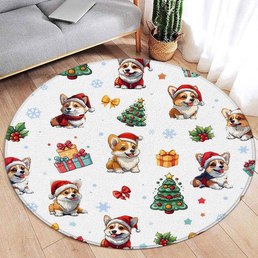 Cartoon Christmas Dinosaur Round Carpet Snowman Xmas Tree Cartoon Animal Kids Mat Home Living Room Bedroom Decorative Floor Rugs